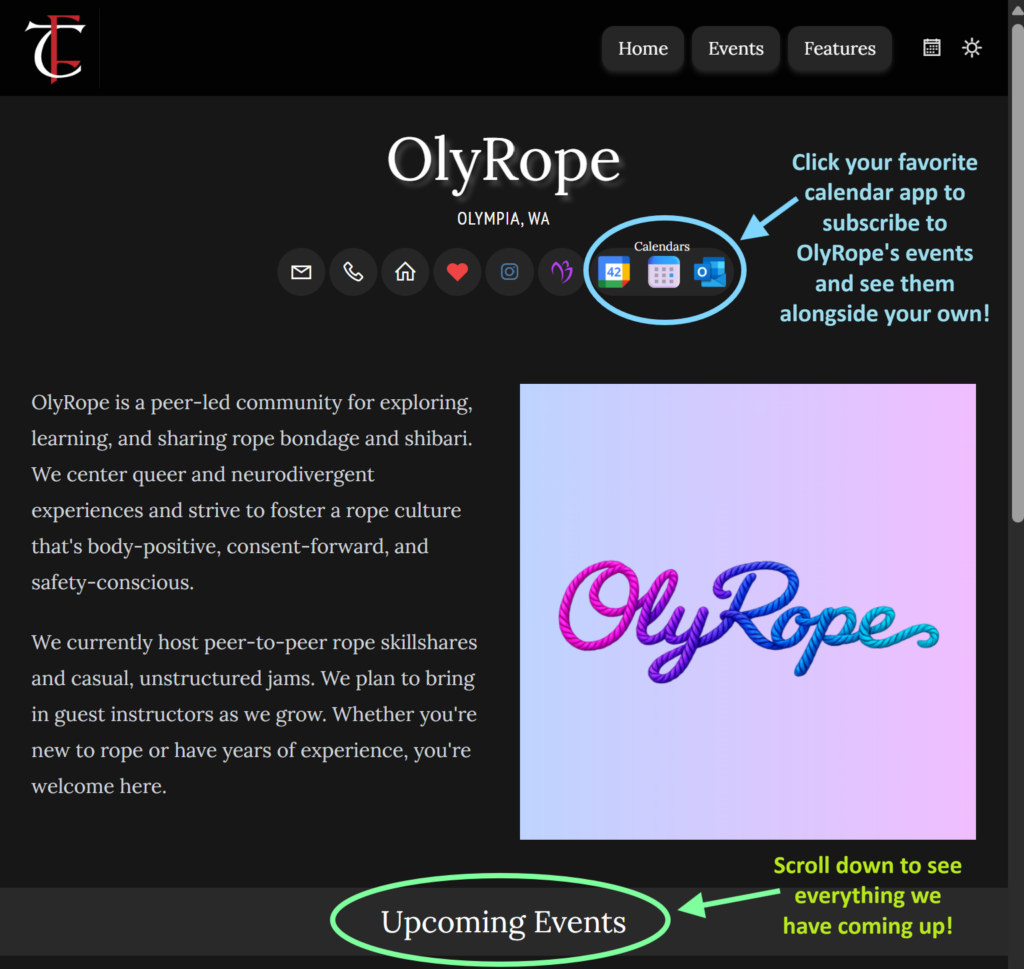 screenshot of OlyRope's event producer page on Forbidden Tickets, annotated to highlight where upcoming events can be found and how to add them to your calendar